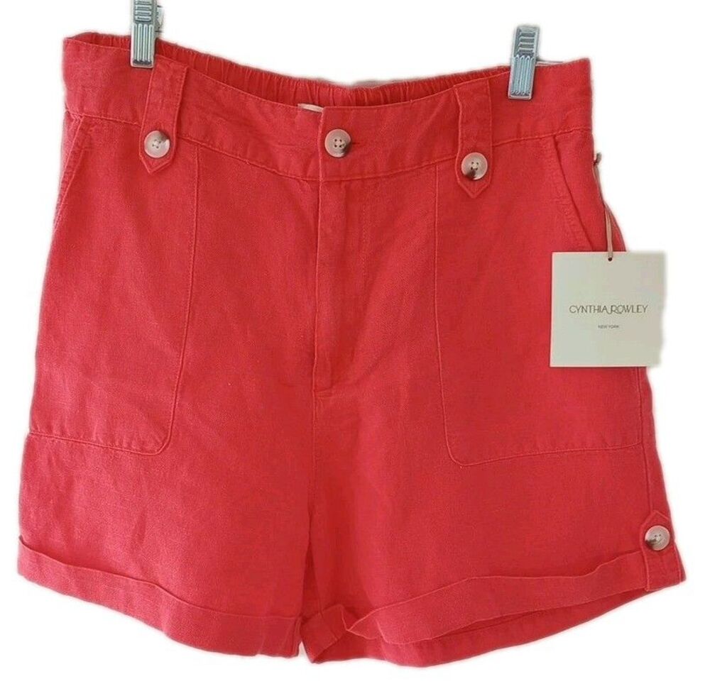 Cynthia Rowley Cuffed Shorts 8 Linen Blend Orange Beach Summer Casual Coastal